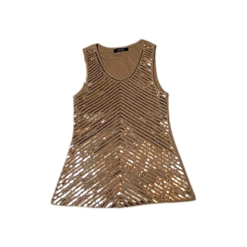 ANGL Gold Sequin Tank Top Mesh Scoop Neck Night Out TA10442 Womens Small